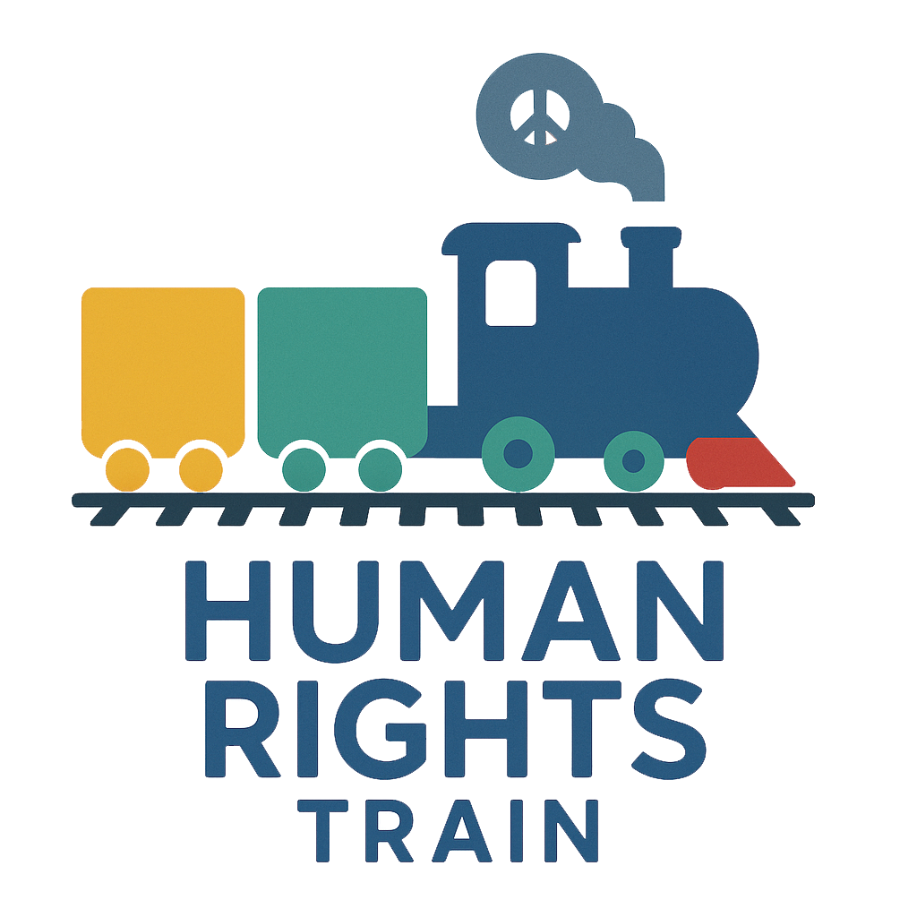 The Human Rights Train Logo: A blue steam locamotive with steam in the design of the peace symbol, along with two cars, green and yellow on a track. It has the words 'Human Rights Train' in bold below.